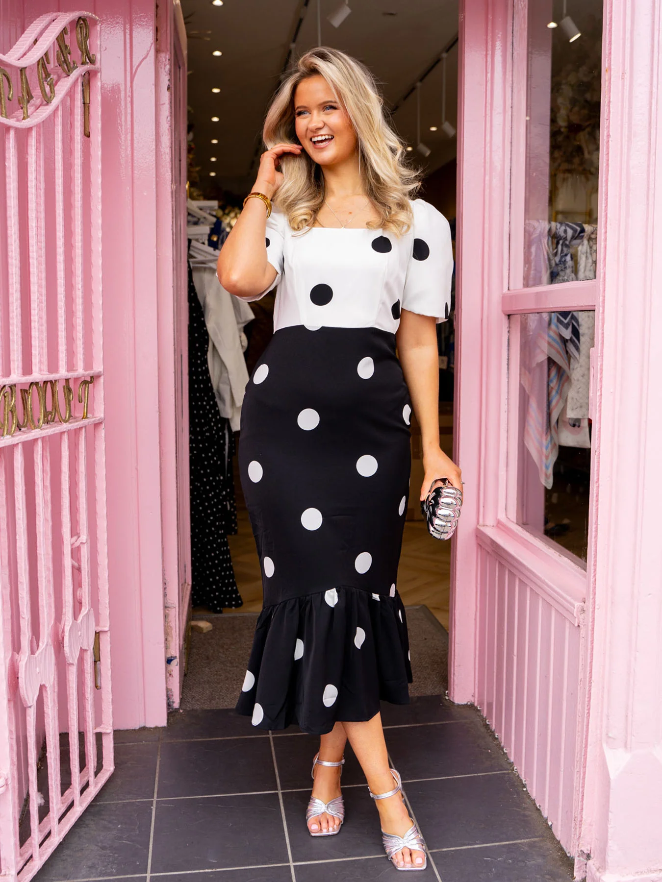 Audrey Puff Sleeve Midi Dress - Monochrome Polka Dot - Image 2