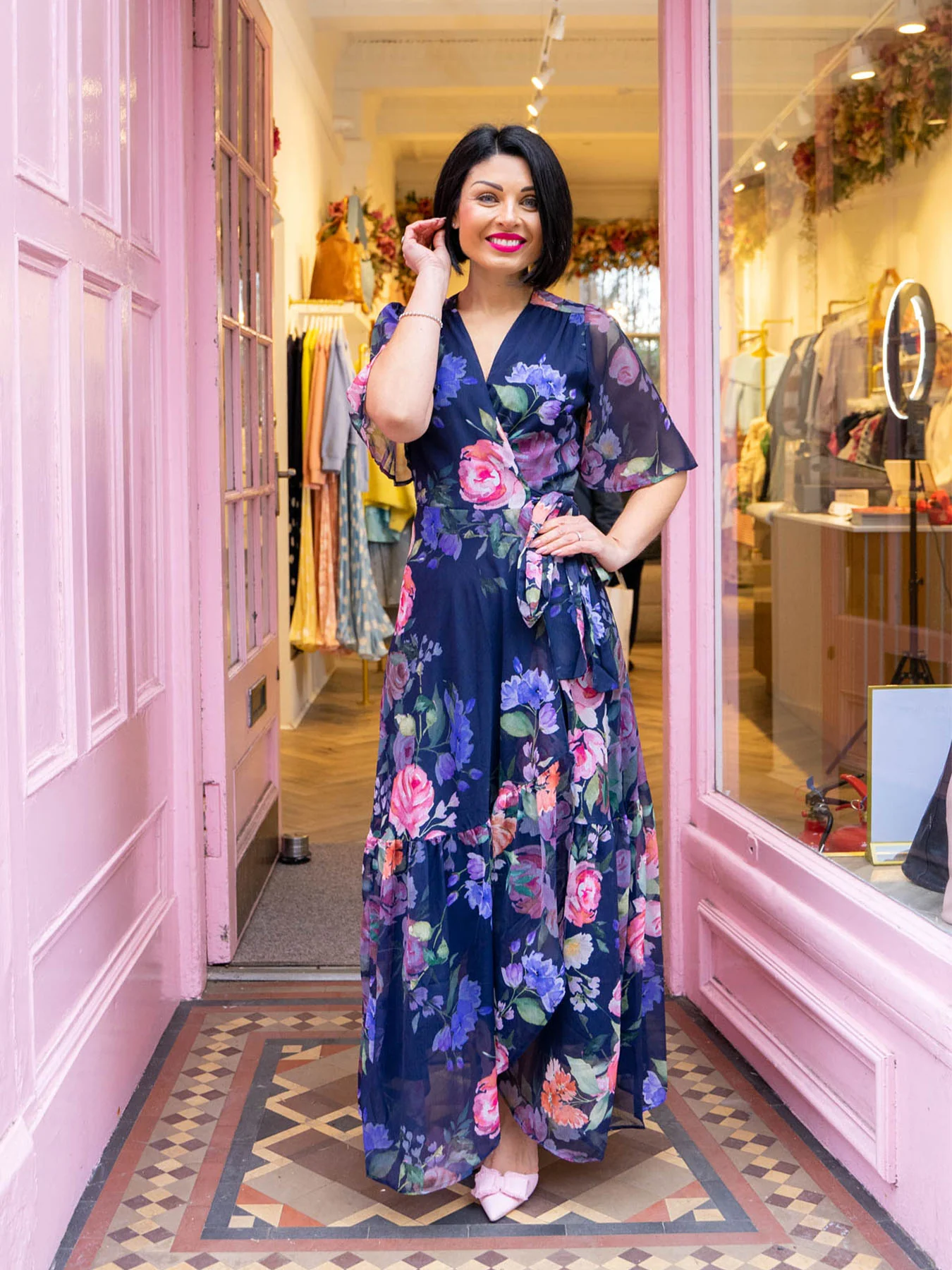 Ayame Flutter Sleeve Wrap Dress BY HOPE & IVY- Navy Floral