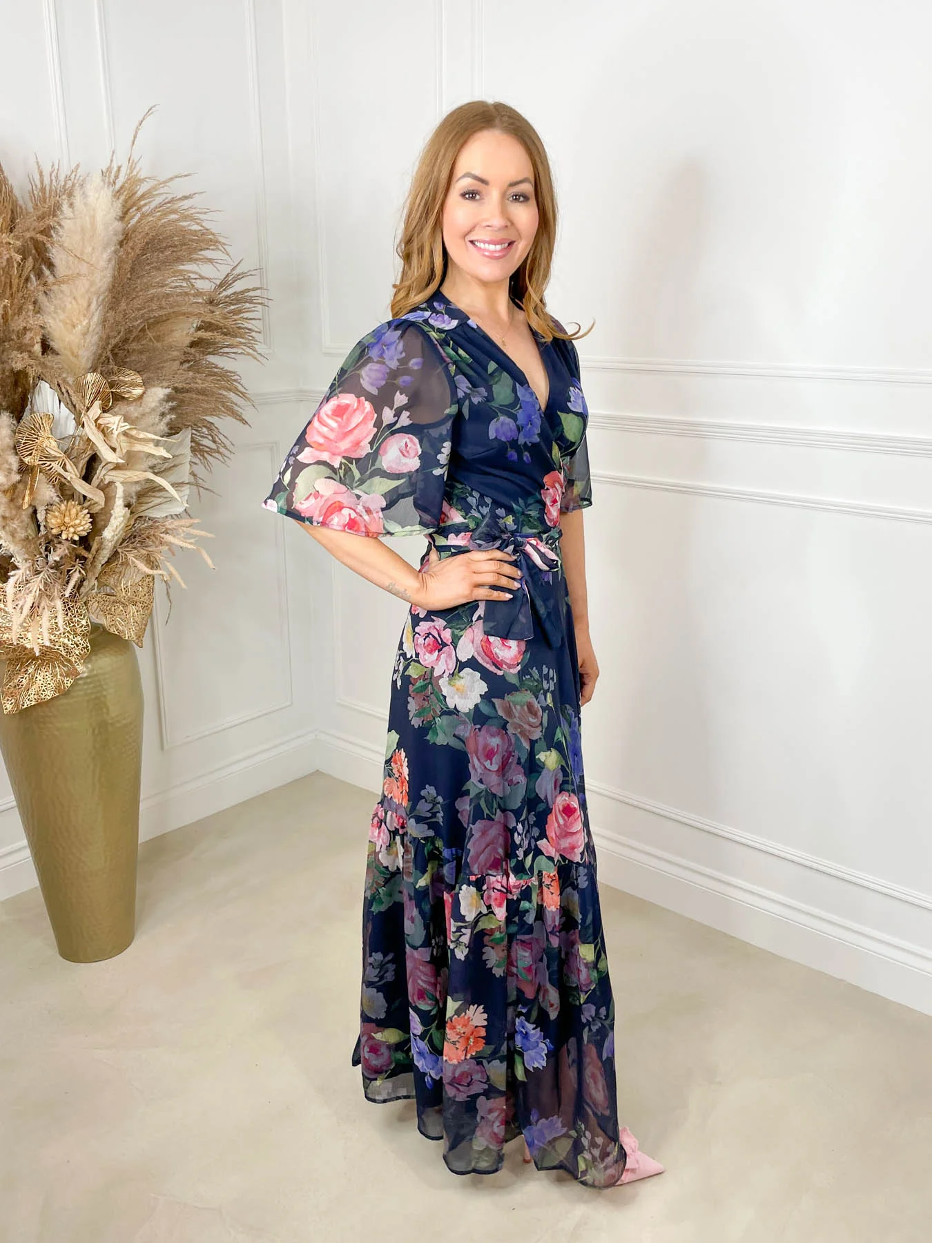 Ayame Flutter Sleeve Wrap Dress BY HOPE & IVY- Navy Floral - Image 7