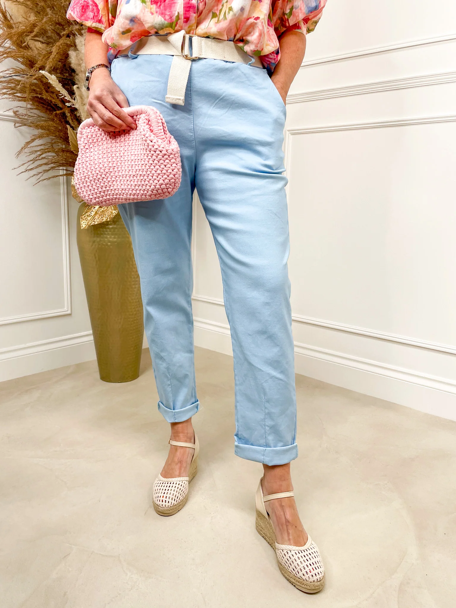 Belted Elasticated Waist Magic Pants - Sky Blue - Image 2
