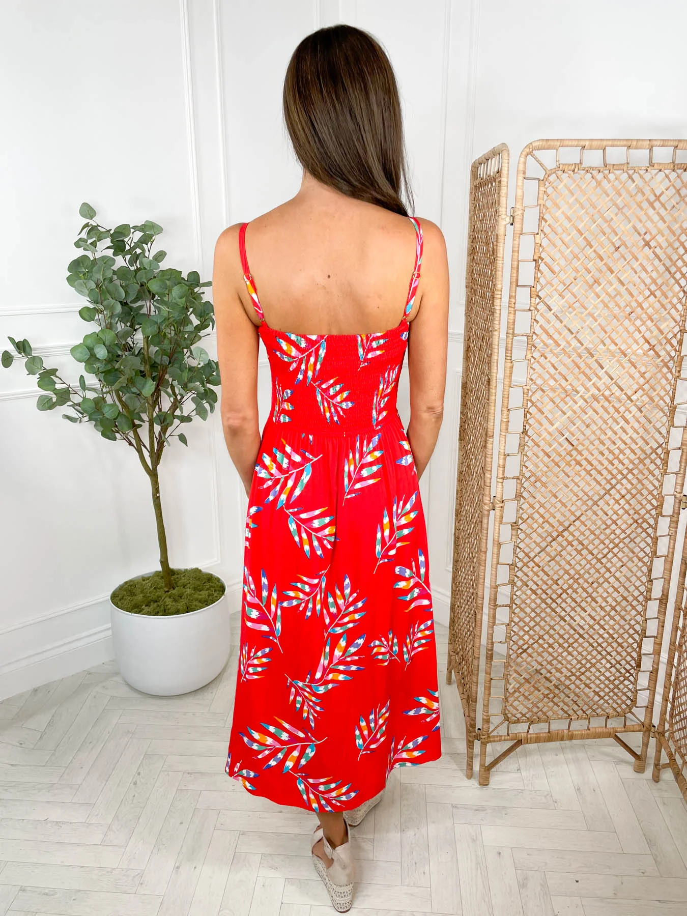 Christabel Shirred Midi Dress - Red Rainbow Fronds by Sugarhill Brighton - Image 7