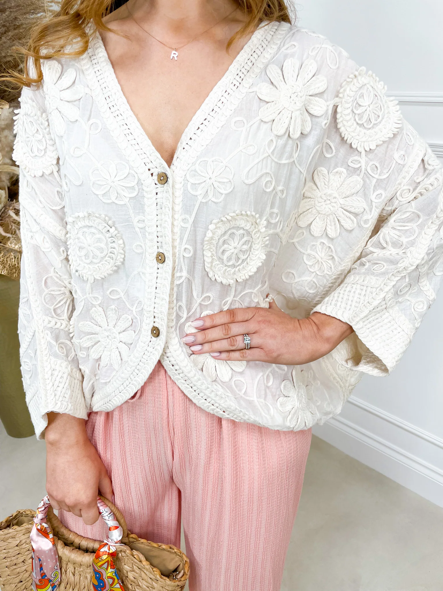Della Embroidered Batwing Top - Cream - Image 3