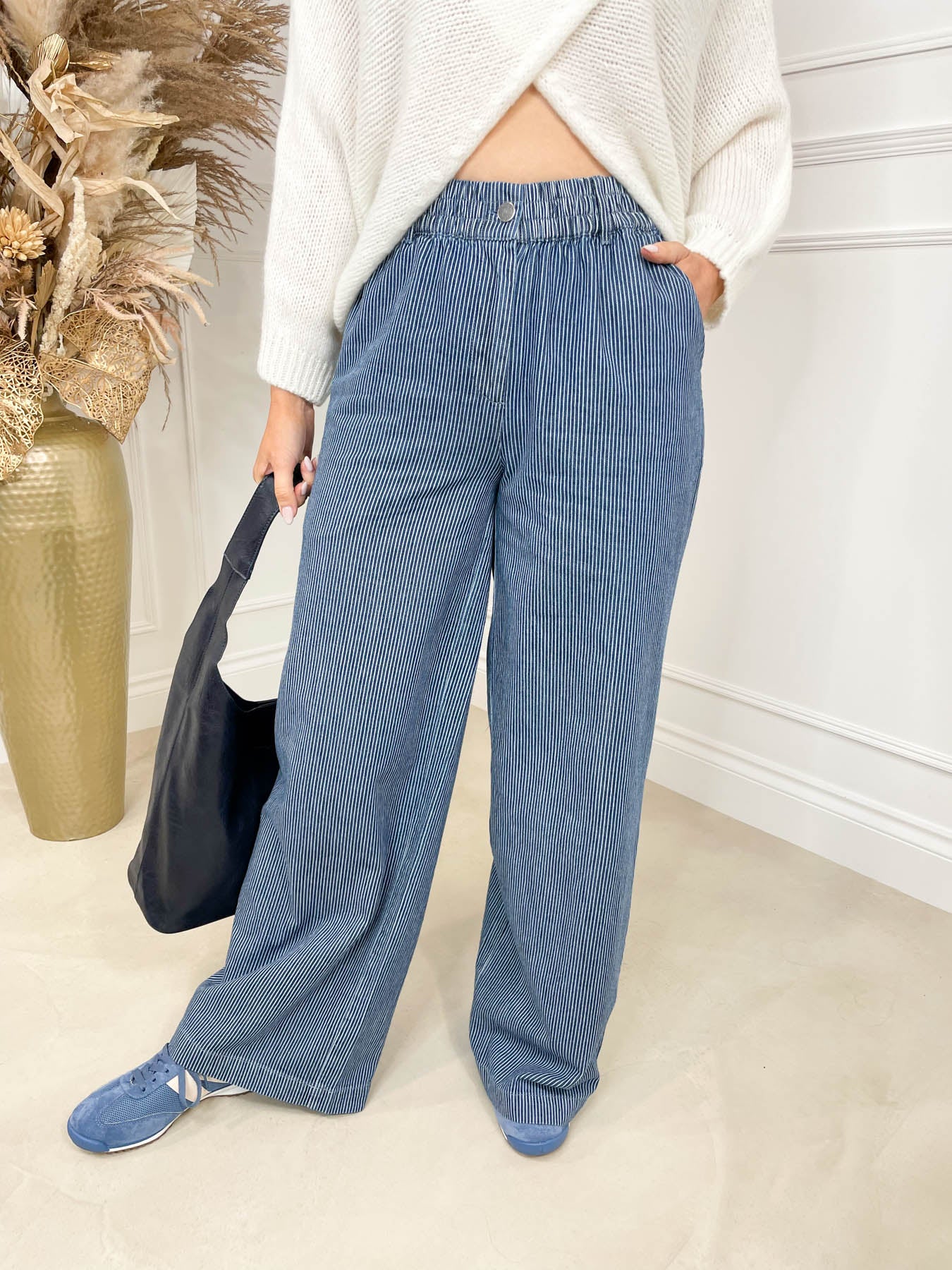 Fifi Wide Leg Trousers - Blue Stripe Denim by Sugarhill Brighton - Image 4