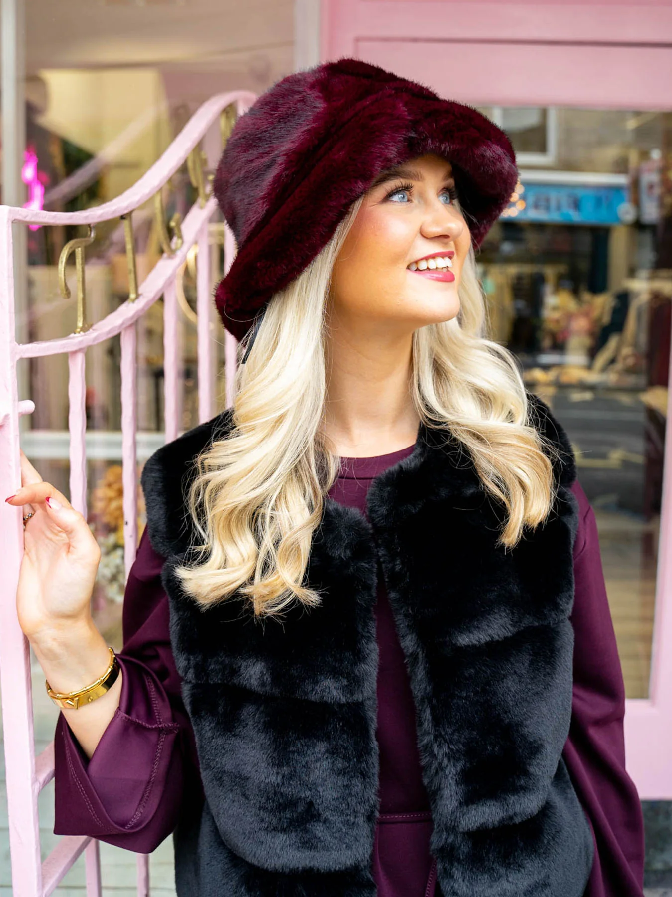 Fur Bucket Hat - Burgundy - Image 4