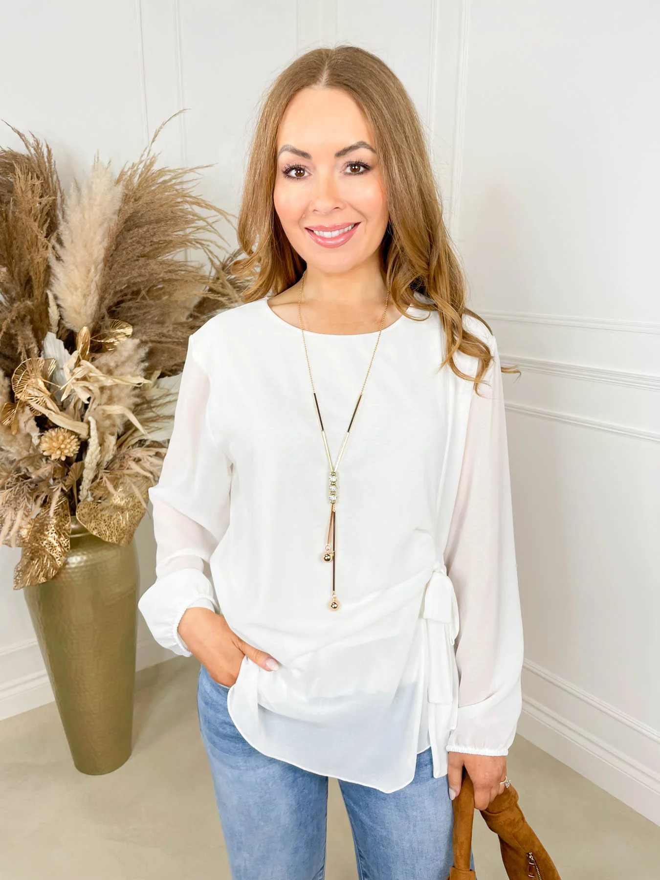 Gracie Tie Waist Blouse - White - Image 6