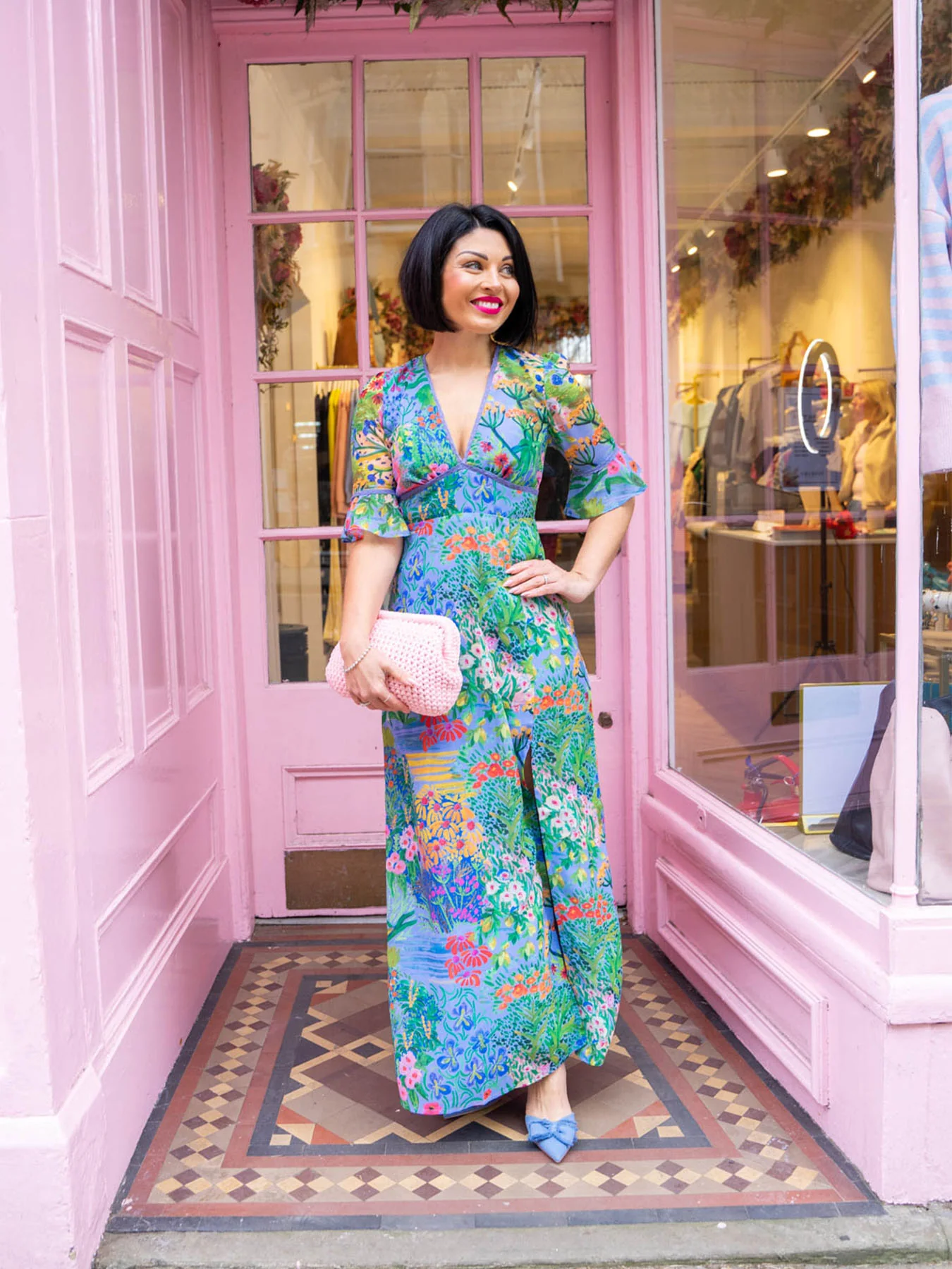 Hazel Frill Sleeve Dress BY HOPE & IVY - Blue Floral
