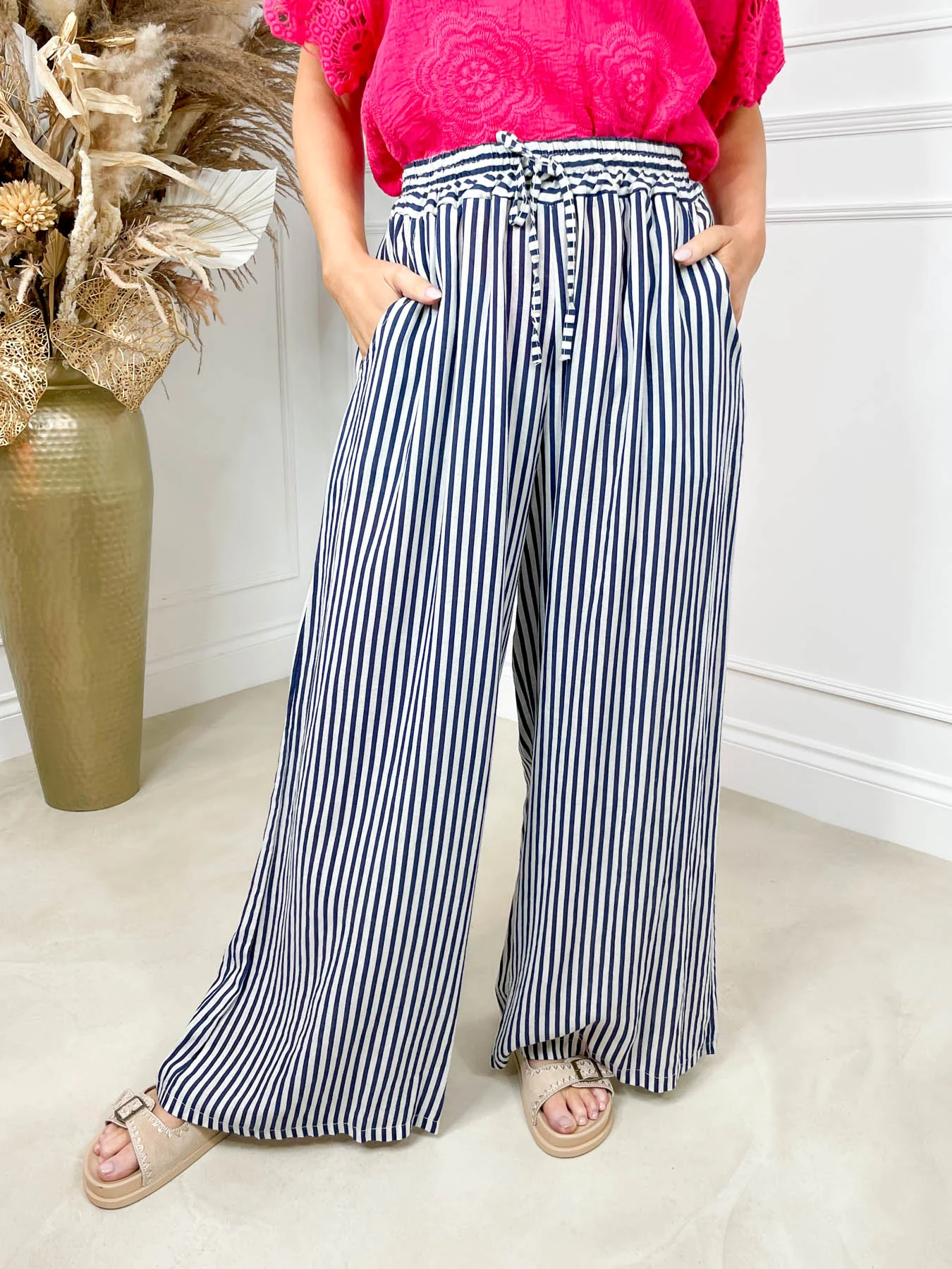 Lauren Linen Trouser - Navy Stripe - Image 3