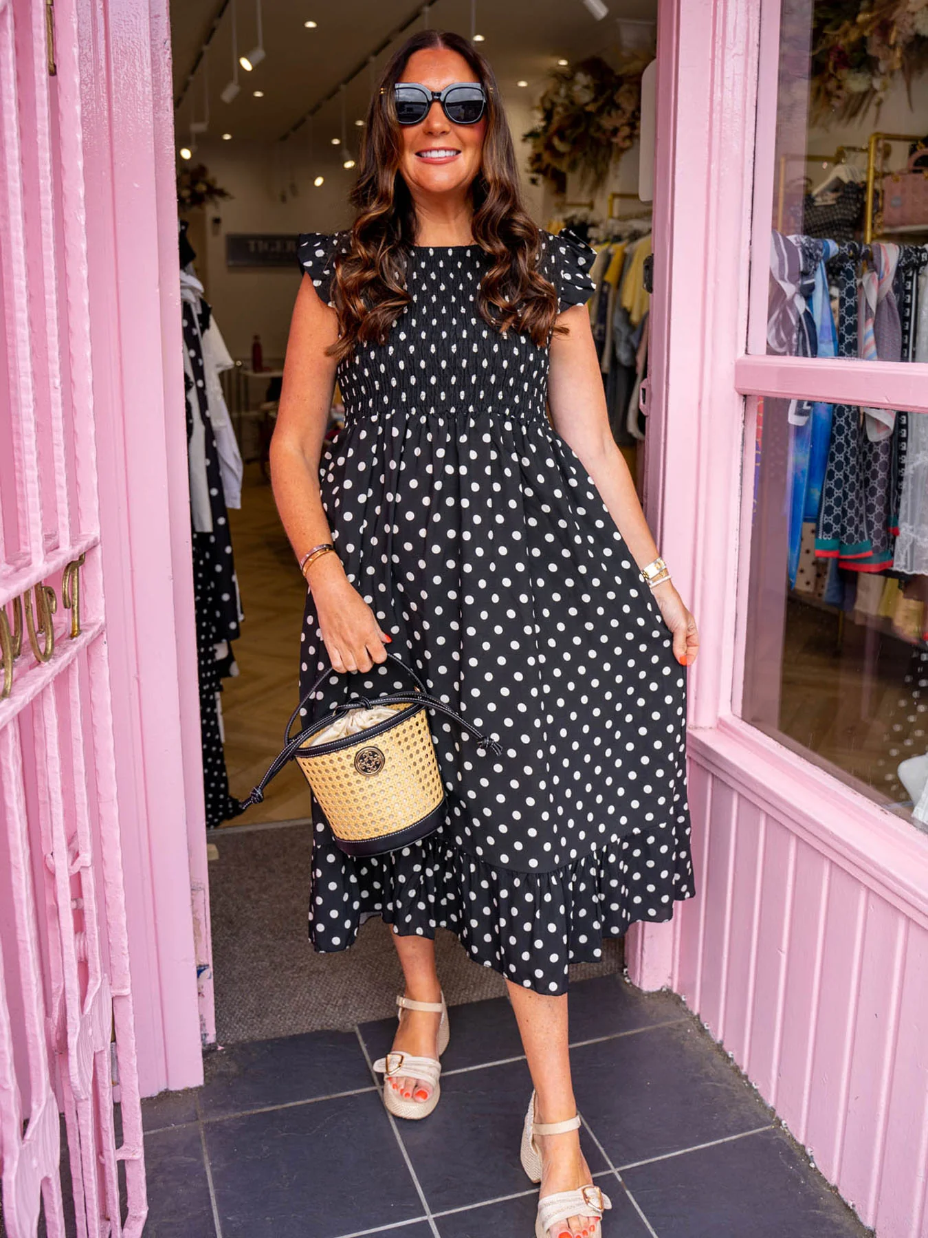 Maisie Polka Dot Shirred Midi Dress - Black