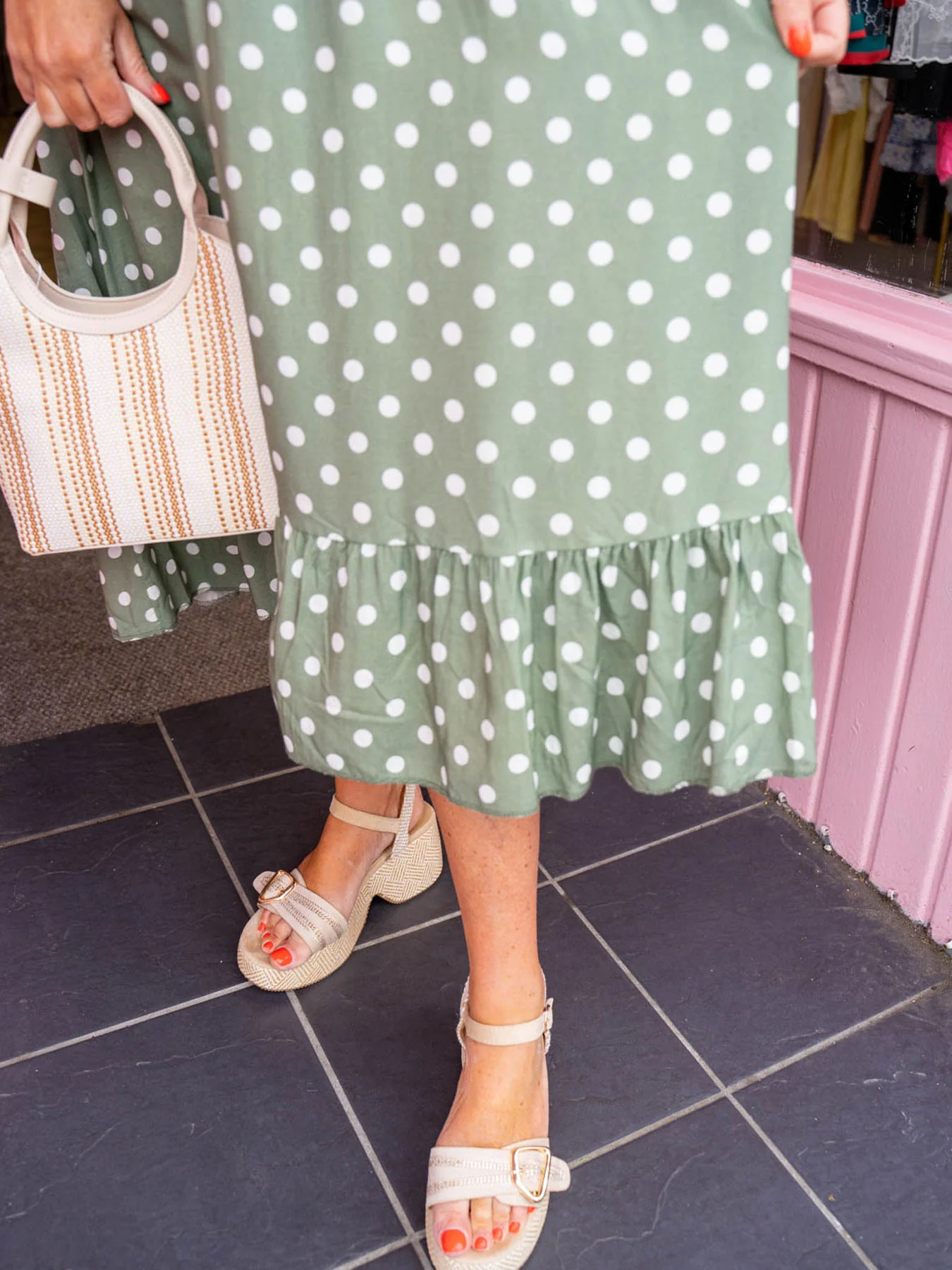 Maisie Polka Dot Shirred Midi Dress - Khaki - Image 3
