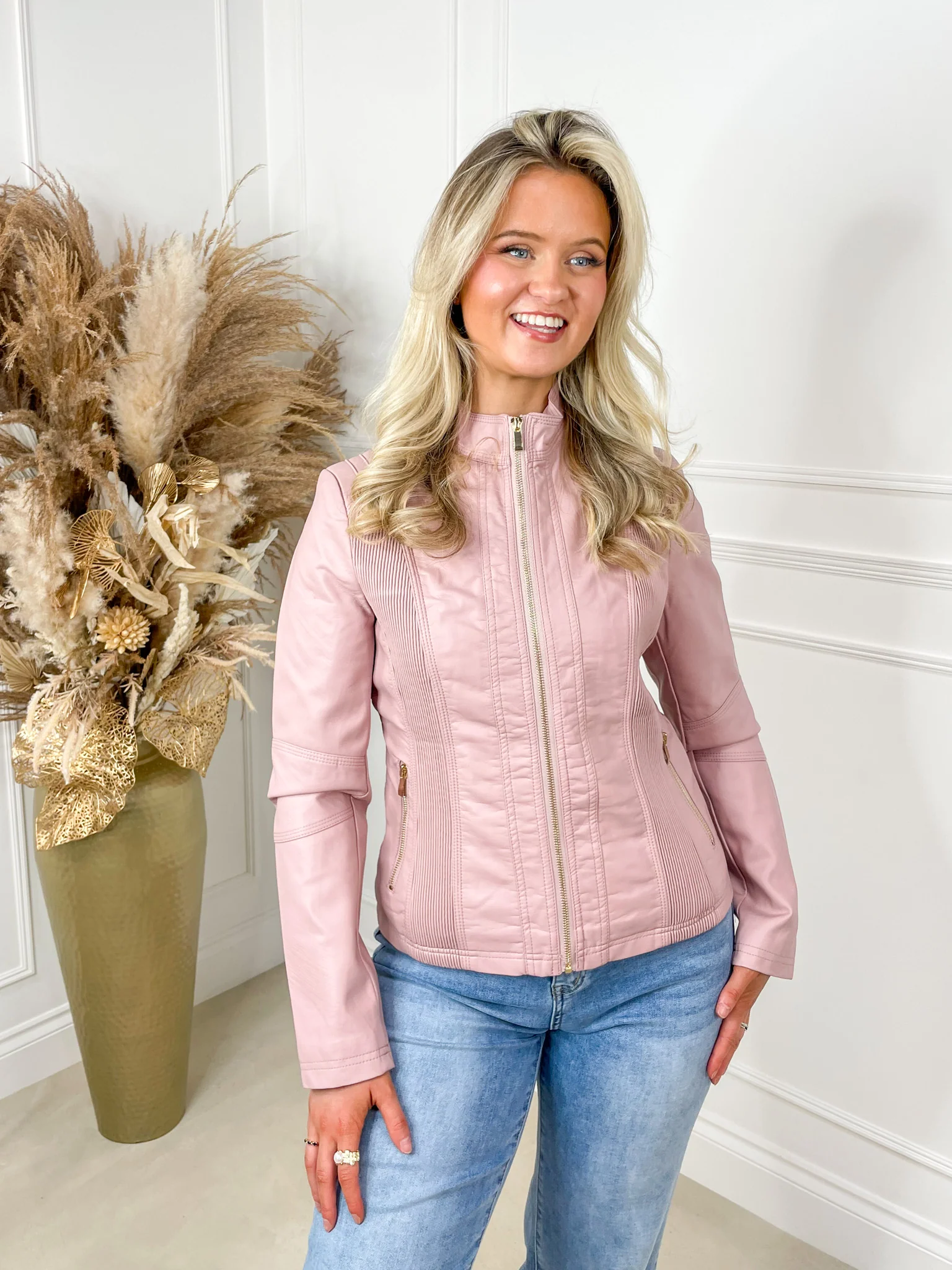 Olivia Leather Biker Jacket - Blush Pink - Image 3