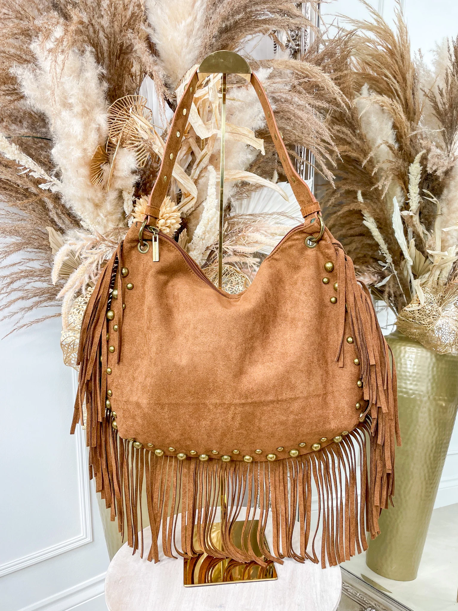 Savi Suedette Fringe Bag - Tan - Image 3