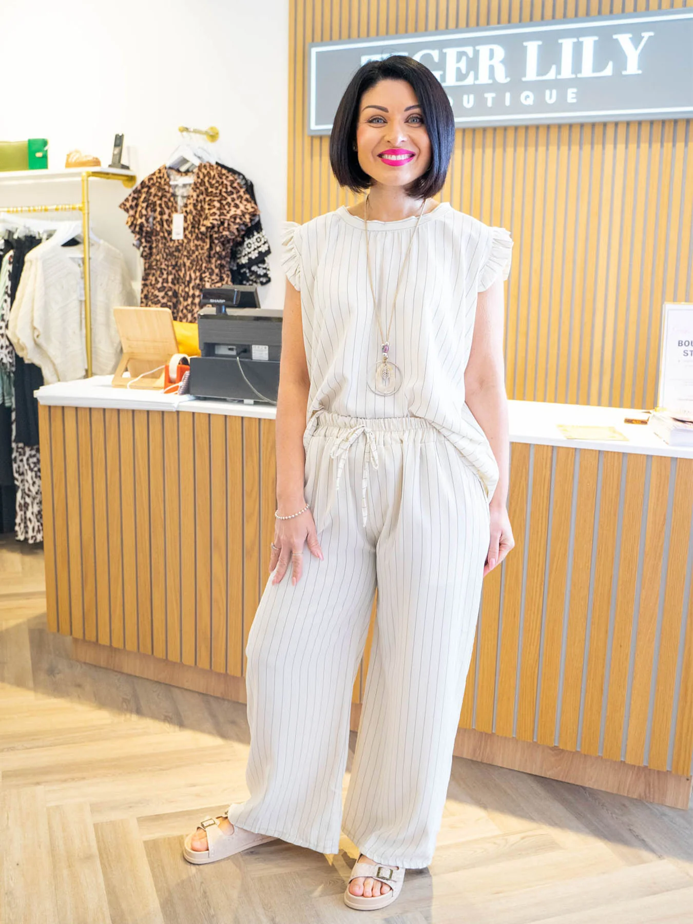 Skye Pinstripe Frill Sleeve Two Piece